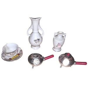 Vintage Mini Vases Souvenir Tea Ceramic & Stone Mountain Pewter Tone Tiny Kettle